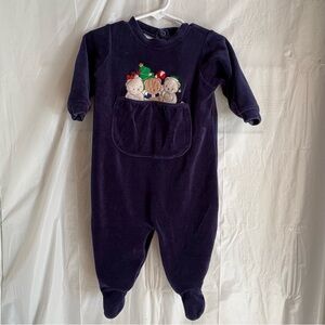 Vtg Bright Future Blue Velvet One Piece Outfit Sz 6-9 Months Snap Christmas Bear